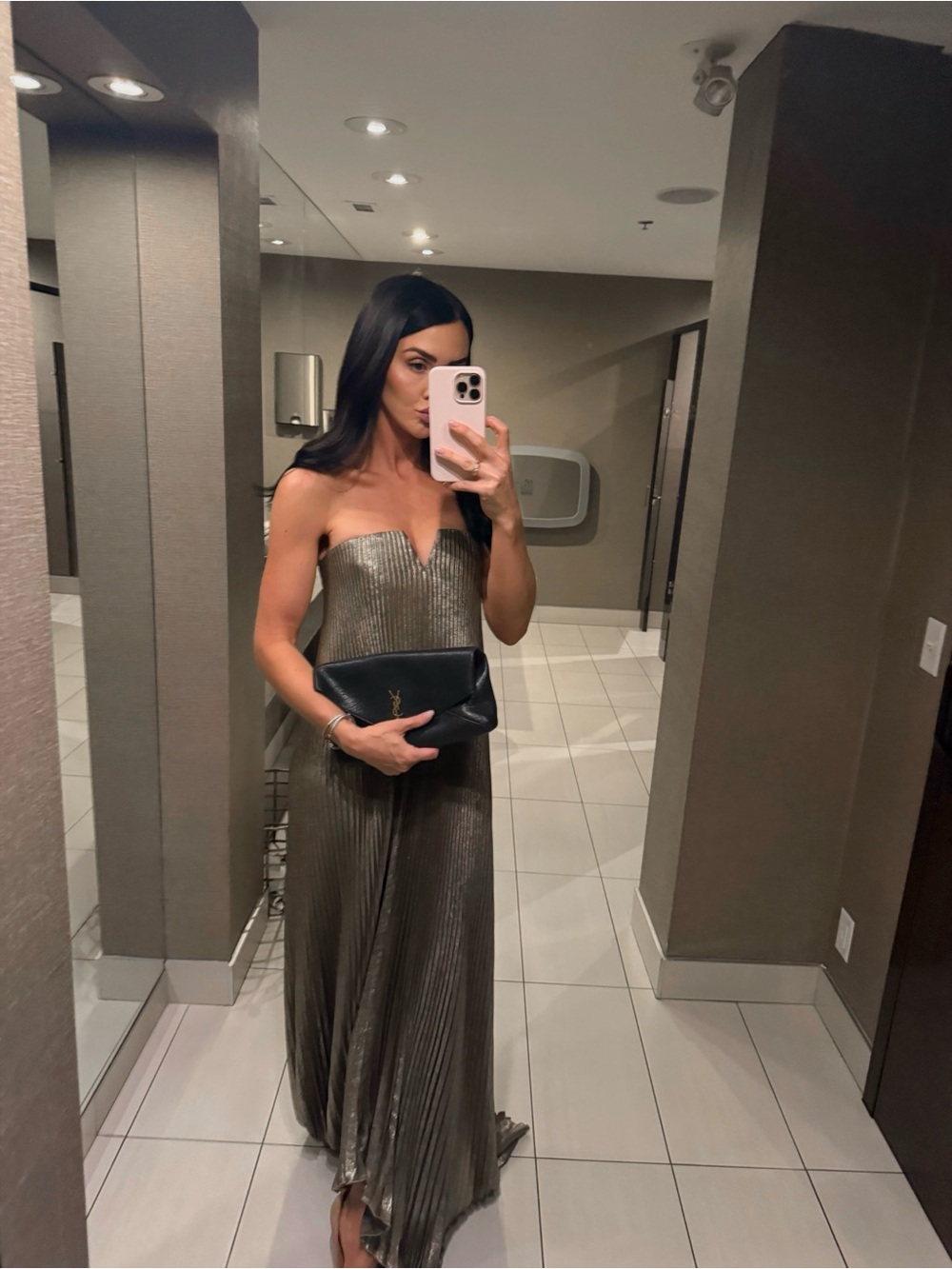 Strapless Metallic Gold Pleated Maxi Dress - Picture 3 of 3